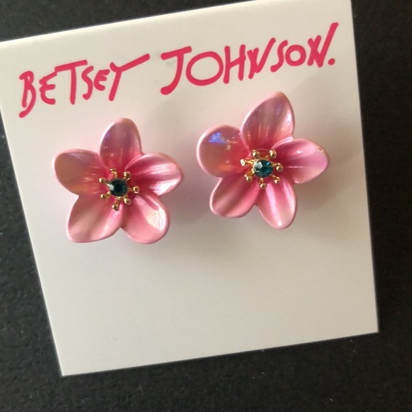 Betsey Johnson Pink Enamel Tropical Flower Stud Earrings Crystal Accent NWT - Picture 8 of 11